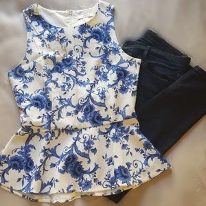 Blue/White Baroque Floral Peplum Tank